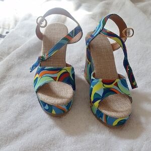 Colorful Patterned Wedge Sandals - Blue Multi